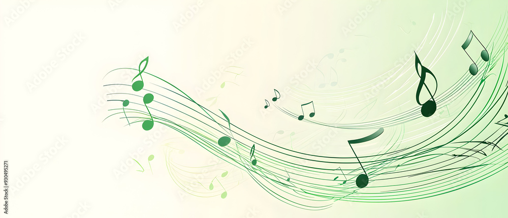Poster a vector illustration of a music notes banner, featuring a fresh green color palette. the notes are 