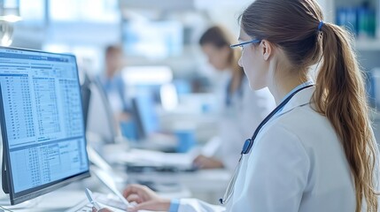 Focused female scientist analyzing medical data on a computer in a laboratory setting, showcasing modern research techniques.
