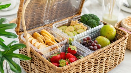 A picnic basket with reusable containers holding fresh sandwiches, fruit, and snacks