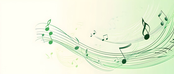 A vector illustration of a music notes banner, featuring a fresh green color palette. The notes are stylized and float along curved lines that frame a central white space for text