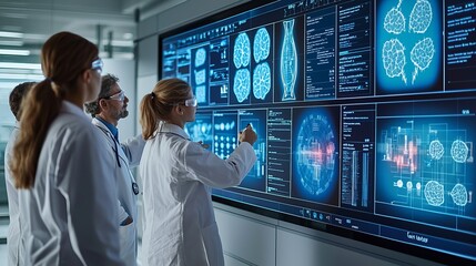 Medical professionals analyze advanced imaging data on a high-tech screen in a modern lab setting.