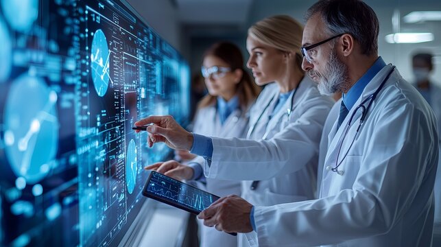 Medical professionals analyzing digital data on a touchscreen in a modern healthcare setting, showcasing teamwork and technology.