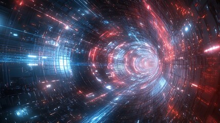 Obraz premium Digital Dreamscapes: Vibrant 3D Render of Futuristic Realm with Glowing Light Grids and Floating Energy Nodes in Silver, Blue, and Red Hues