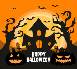 Halloween Holiday square banner,silhouette haunted castle,bats.tree with orange background vector illustration.