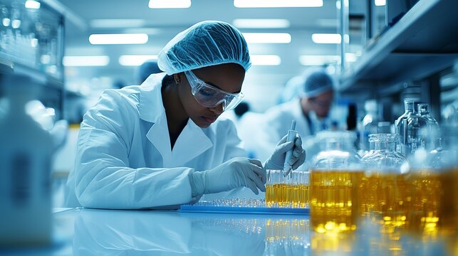 Scientist conducting research in a laboratory with test tubes and liquids, showcasing dedication and precision in science.