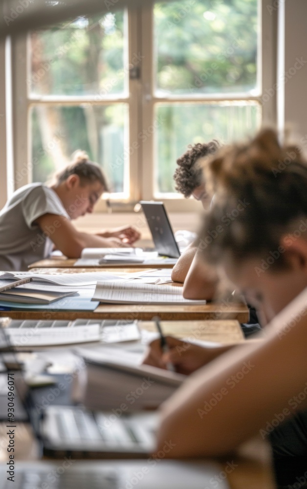 Poster diverse college students studying together in a dorm room, focused and collaborative, surrounded by 
