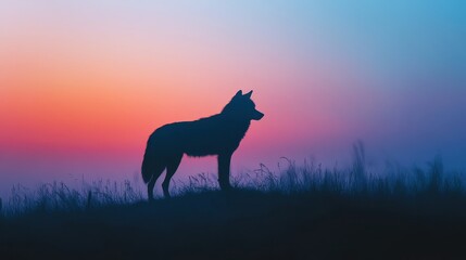 Fototapeta premium A silhouette of a wolf standing on a hill against a colorful sunset backdrop.