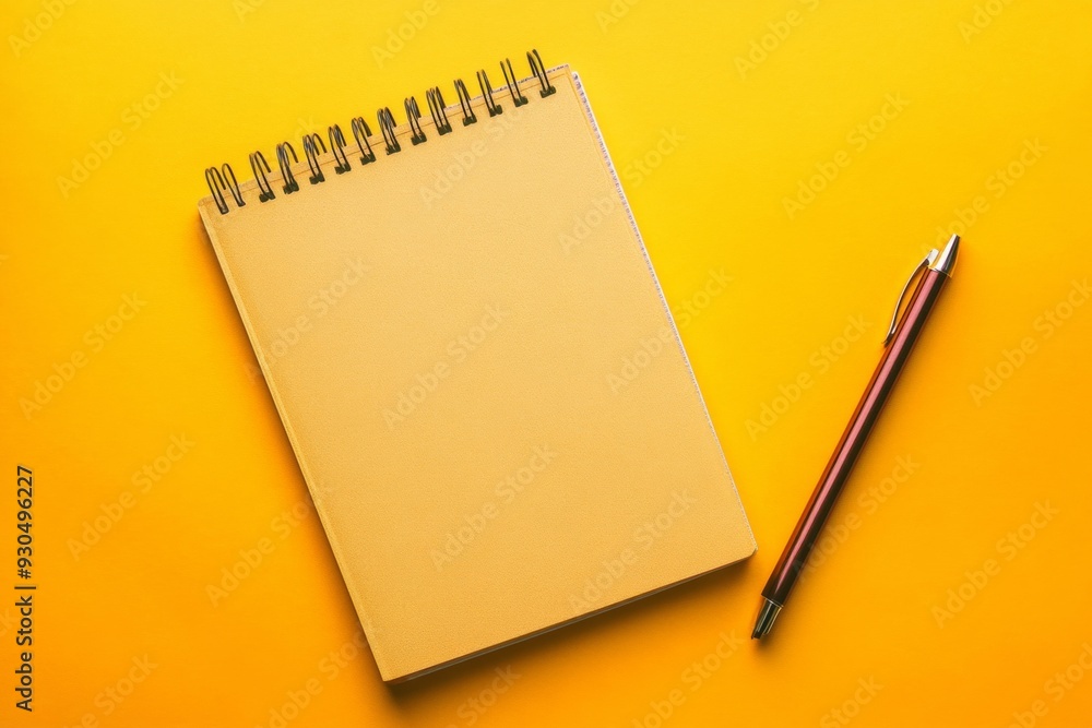 Poster mockup of empty vibrant yellow surface with red notebook and pen for branding and promotional conten