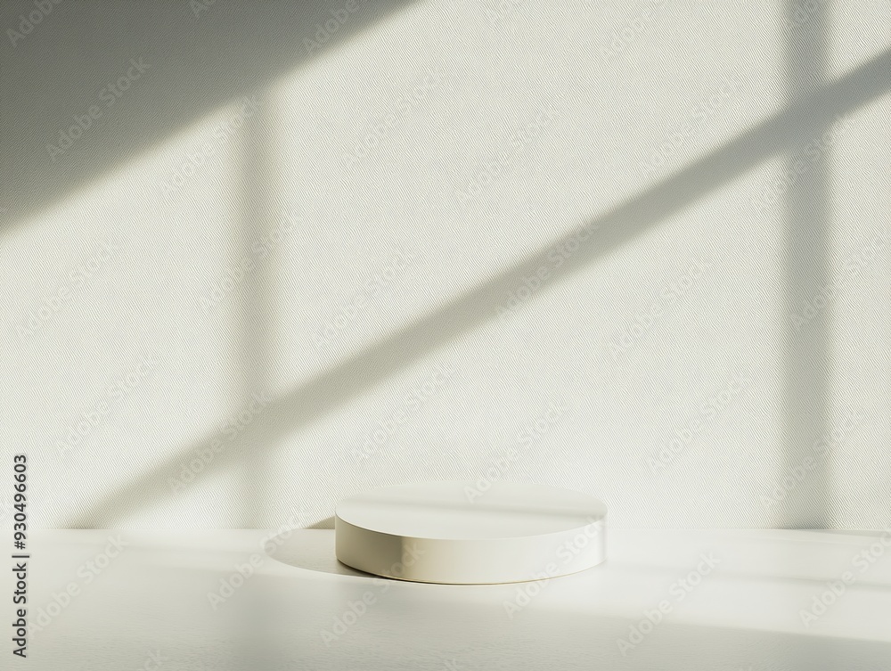 Poster minimalist monochromatic mockup featuring white cylindrical podium in diffused natural lighting with
