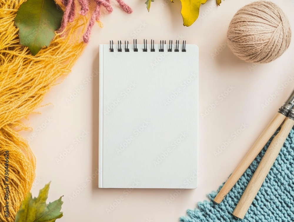 Poster Calm Ethereal Study Theme with White Notebook and Yarn on Soft White Stucco Surface in Midday Tranquil Setting