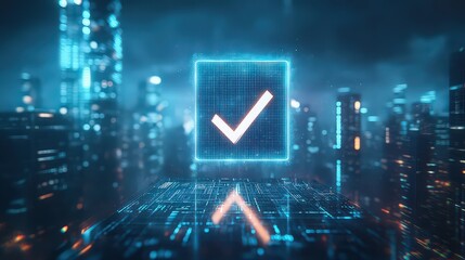 Obraz premium sleek, animated check mark appearing on a digital screen, signifying real-time task completion or confirmation in a tech-friendly environment