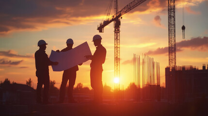 Construction Workers Reviewing Blueprints at Sunset on a Building Site
