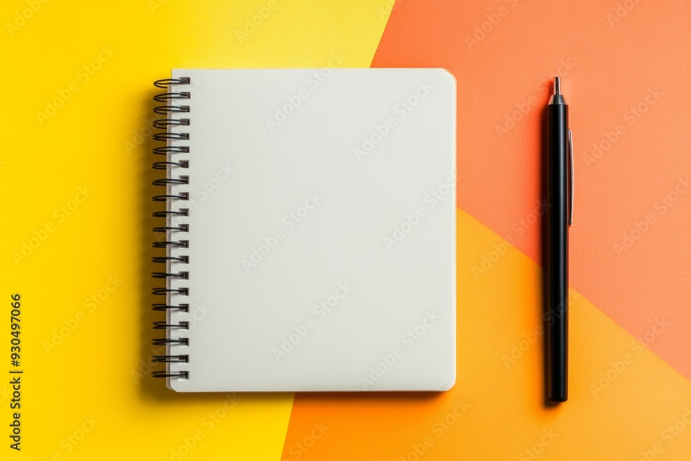 Poster empty vibrant white surface with a single orange notebook on the right side for calm branding or pro