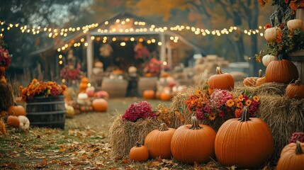 cozy autumn harvest party with pumpkins, apples, and haystacks, set in October, with open areas for including event details or special announcements