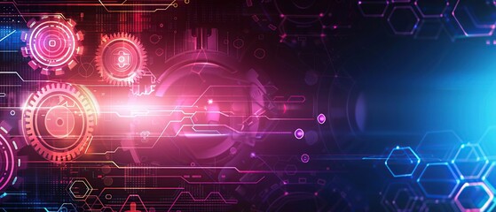 Abstract digital background with glowing hexagons and lines.