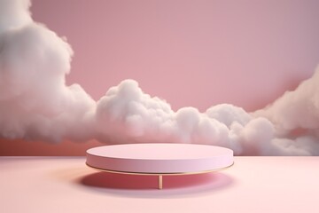 Pink podium with floating pink clouds, 3D Podium Background, 3D Podium With Clouds, Podium Background for Cosmetic Products Display, Geometric Platform Stage Pedestal, AI Generative