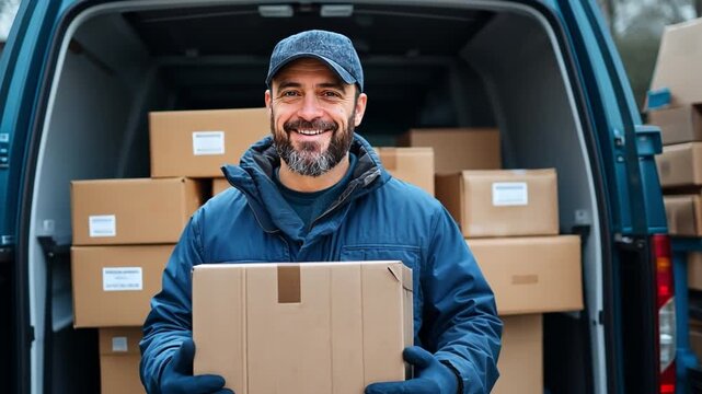 A cheerful delivery worker holding a cardboard box in front of a van, ready for a delivery. 