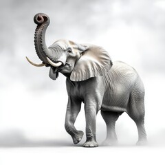 Obraz premium A majestic elephant stands proudly amidst a soft, foggy backdrop, showcasing its grandeur and natural beauty.