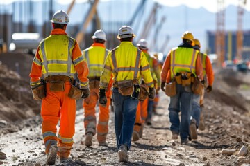 A group of construction workers wearing orange vests