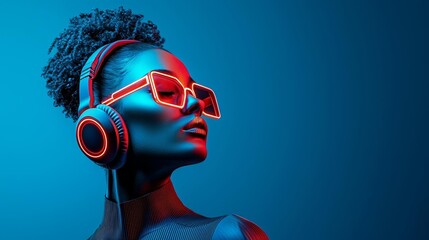 Futuristic female portrait with glowing neon glasses and headphones, intense colors and cyberpunk aesthetic, hyper-realistic and bold