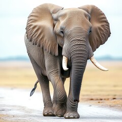 A majestic elephant walking gracefully across a dry landscape, showcasing its impressive size and distinctive features.
