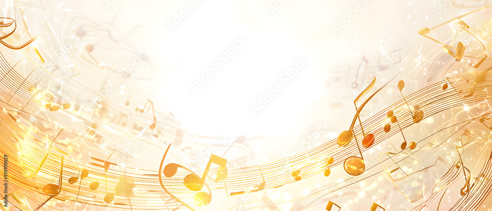 Poster a vector illustration of a music notes banner, featuring a fresh golden color palette. the notes are