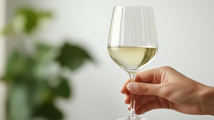 Simple and refined, a hand gently grasping a wine glass filled with white wine, set against a pristine white backdrop, highly detailed