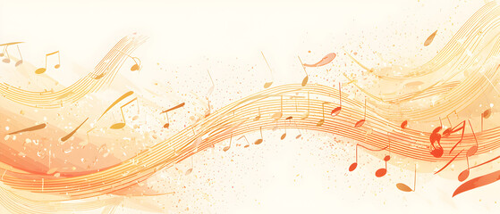 A vector illustration of a music notes banner, featuring a fresh golden color palette. The notes are stylized and float along curved lines that frame a central white space for text
