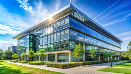 Modern corporate headquarters building with green energy features and eco-friendly design