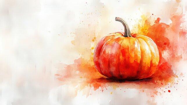 Soft watercolor illustrations of pumpkins, with gentle brush strokes and a white backdrop, highlighting the artistic details and warm tones of autumn.