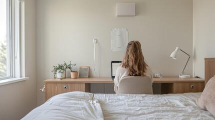 Young Female Student with Disability Utilizing Accessible Dorm Room Facilities, Promoting Inclusivity and Accessibility, Daytime Study Session in Modern Dormitory Setting