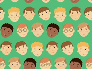 Seamless cartoon pattern with cute boy's smiling faces. Vector backdrop in flat style	