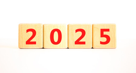 Business concept of 2025 new year symbol. Beautiful wooden cubes with number 2025 Happy new year. Beautiful white table white background, copy space. Business 2025 happy new year concept.