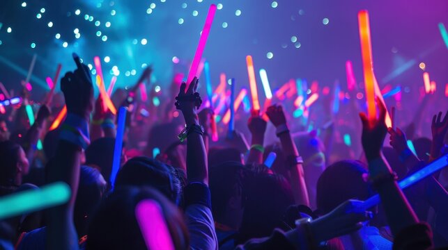 A vibrant crowd at a concert, with glow sticks and neon accessories lighting up the night