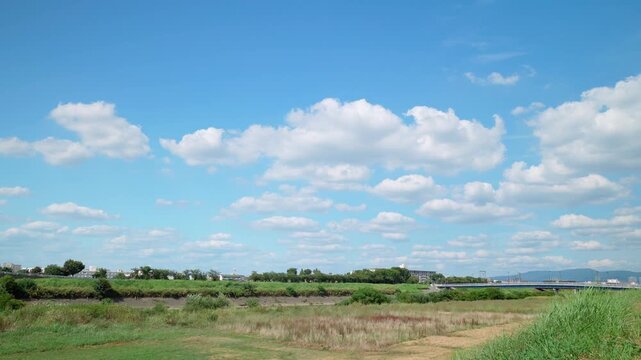  夏の河川敷から見上げた空に点在する積雲 24fps