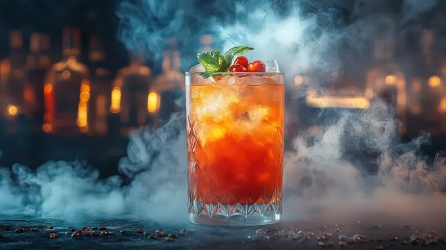 luxurious cocktail with rich garnishes and a halo of fog floating above it, offering a sense of grandeur and indulgence
