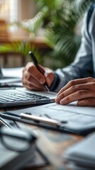 Close-up of a person writing on paper with a pen, calculator nearby, office desk setup. Ideal for business and finance concepts.