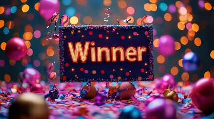 festive "Winner" sign surrounded by confetti and streamers, perfect for party or event settings, with a clear area for adding personalized congratulatory messages
