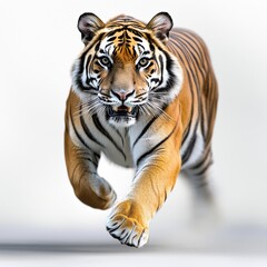 Obraz premium A majestic tiger in motion, showcasing its strength and beauty against a soft background. Perfect for wildlife enthusiasts and nature lovers.