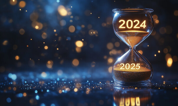 Hourglass with glowing 2024 and 2025 years, time passage concept or new year countdown, digital transformation and future planning visualization against dark background