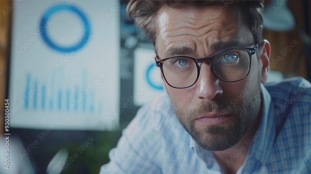 Poster focused man with glasses working in office, analyzing charts, data using computer. professional envi