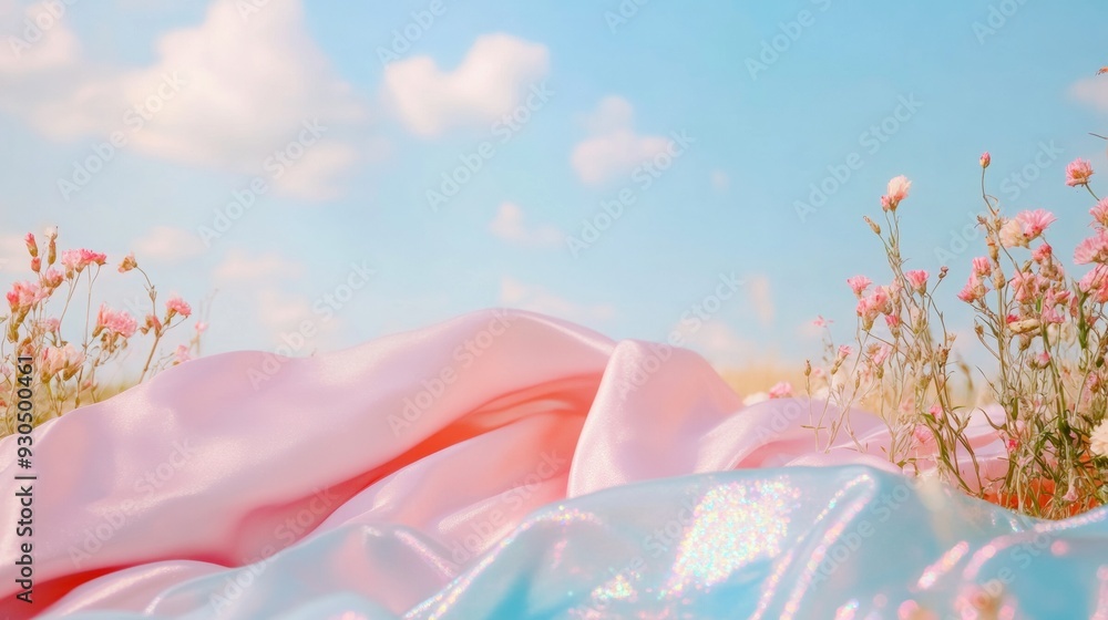 Poster serene pastel display surface with gentle wildflowers and iridescent fabric in soft natural light