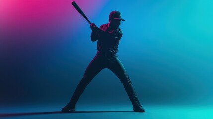 A silhouetted baseball player poised to bat against a colorful gradient background.