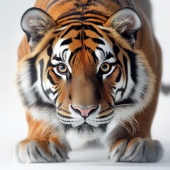 Fototapeta premium A majestic tiger prowling with focused eyes, showcasing its powerful build and striking orange-black stripes in a captivating pose.