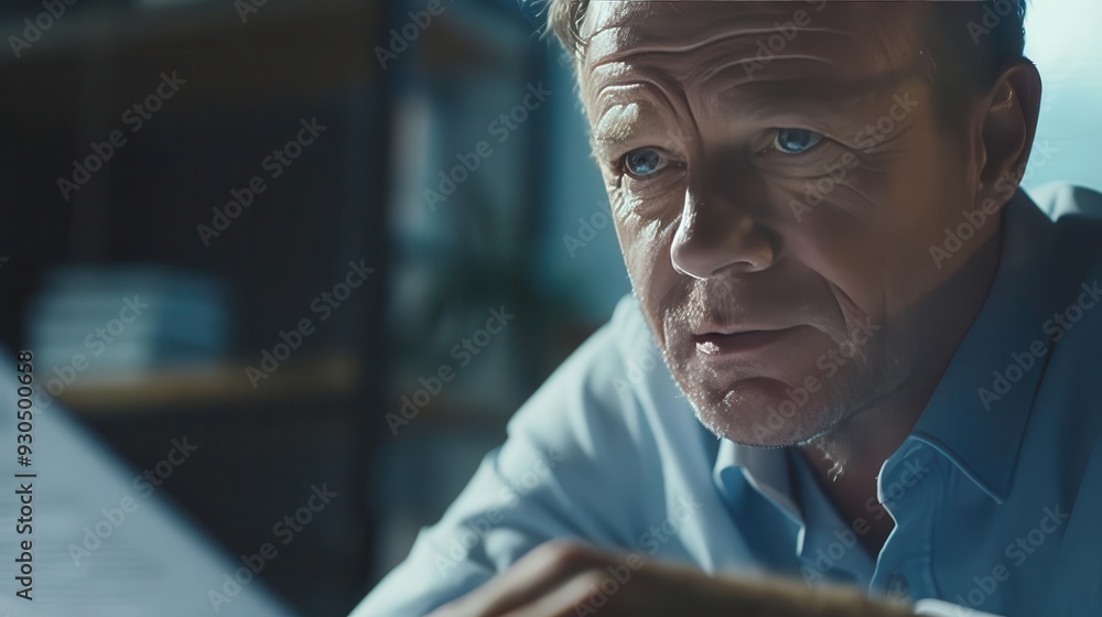 Poster focused middle-aged man reading a document in an office setting with a serious expression, emphasizi