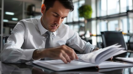 Focused businessman studying a document at his desk in a modern office, representing dedication and professionalism in work.