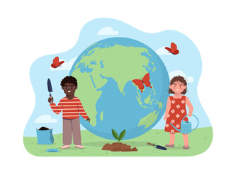 Children save planet. Boy with spatula and girl with watering can near globe. Caring for ecology, nature and environment. Friends planting tree sprout. Flat vector illustration