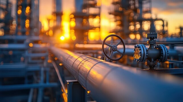 Extensive network of pipelines at an industrial facility, with the sun setting in the background.