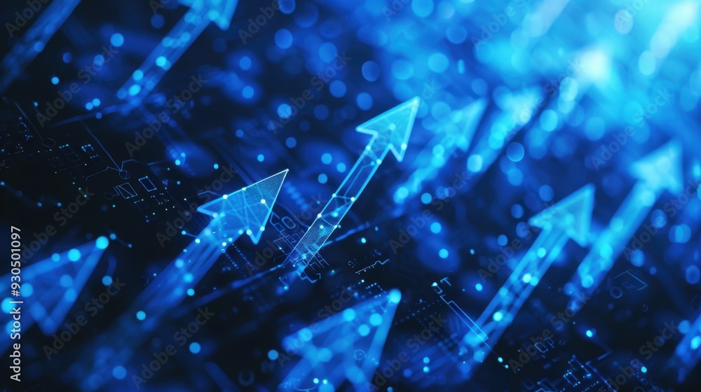 Poster an arrow pointing upwards on a digital interface, symbolizing growth and progress in business