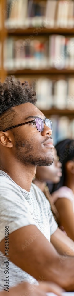 Poster university study session with diverse students in library - focused learning environment with books 